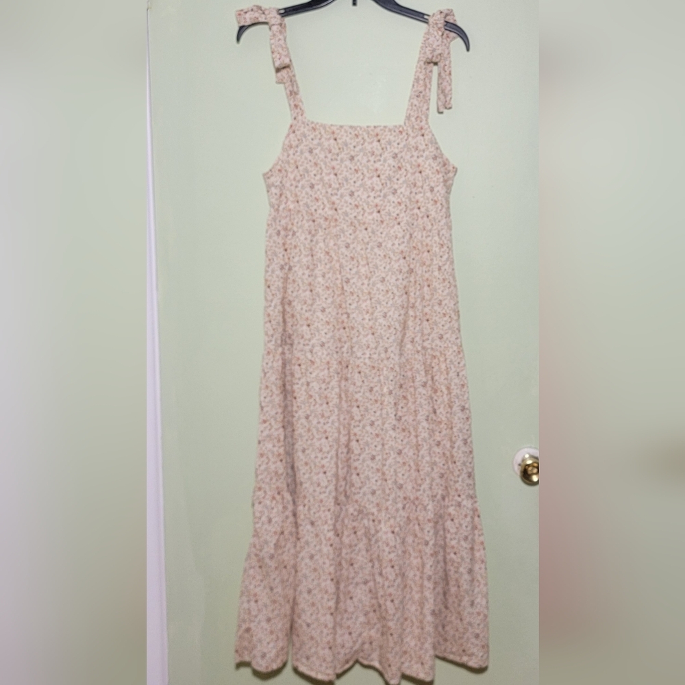 Madewell Lucie Tie Strap Tiered Midi Dress Cream Floral Lined boho Size Small